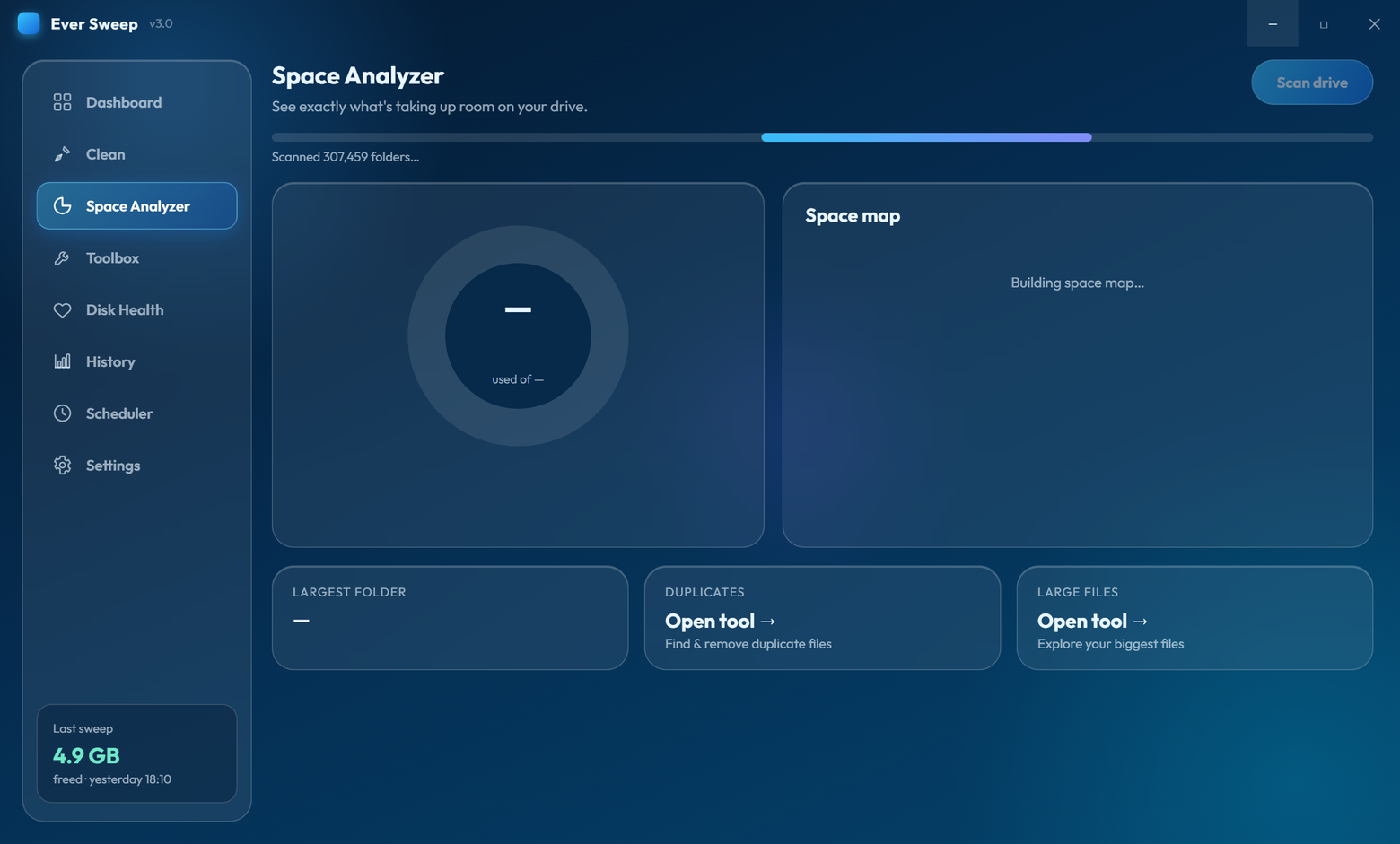 Ever Sweep space analyzer with donut chart and treemap of disk usage