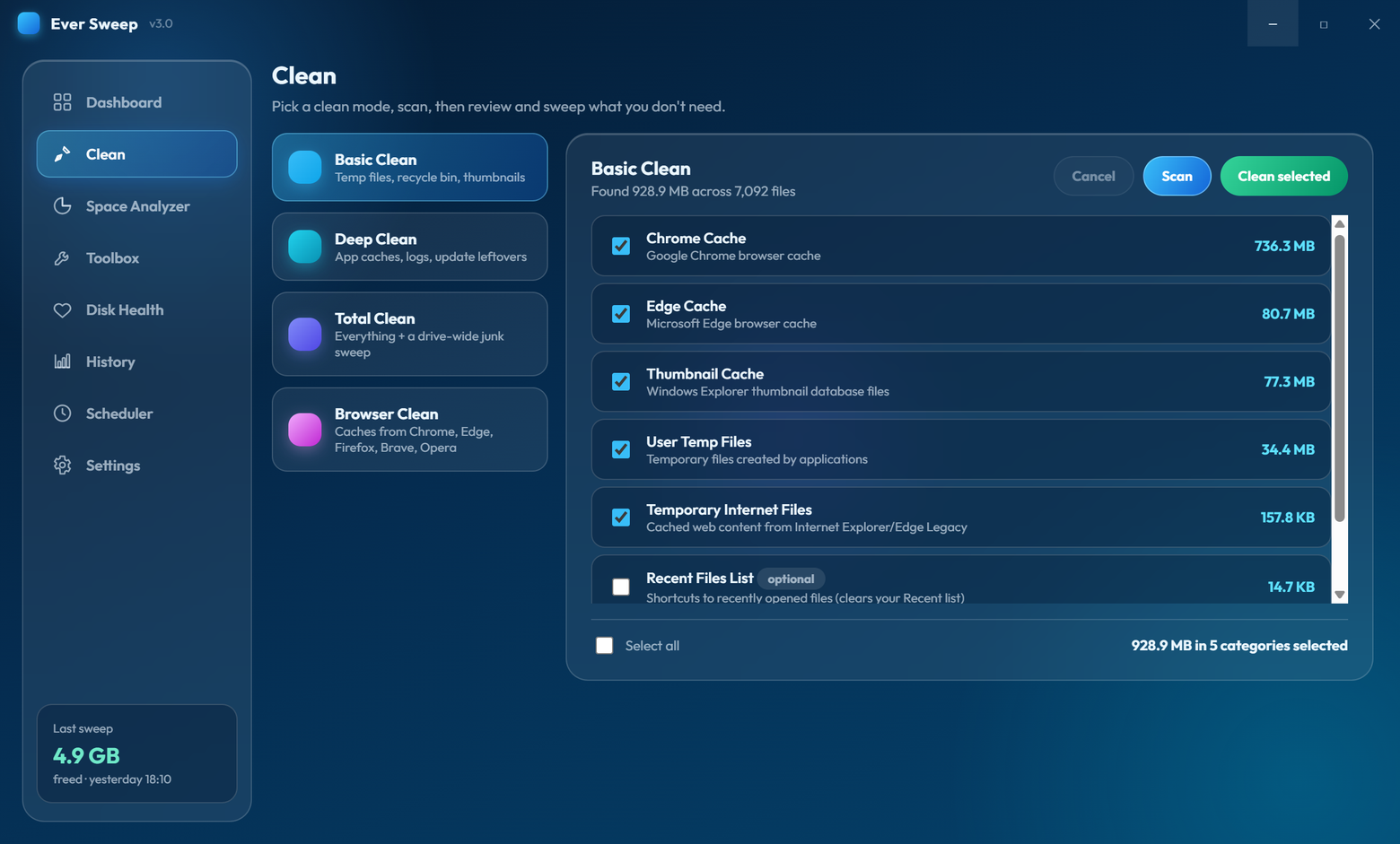 Ever Sweep clean page with reviewable junk categories