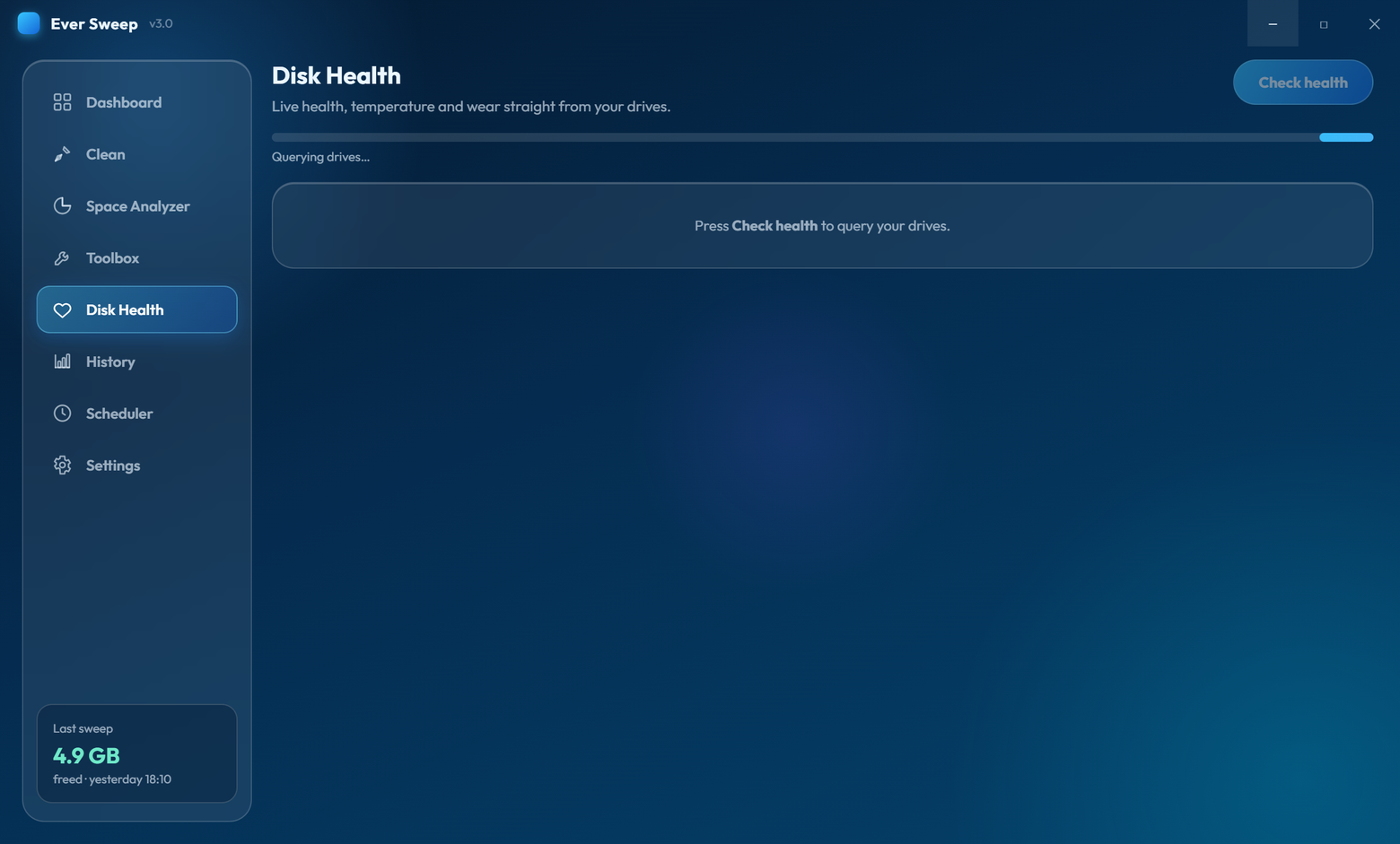Ever Sweep disk health page showing SSD status and volume usage