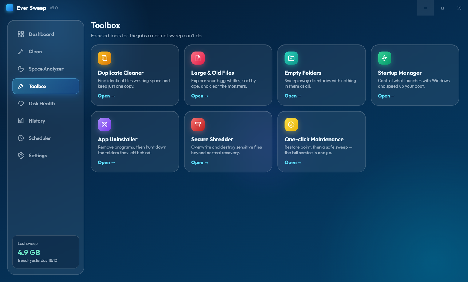 Ever Sweep toolbox with duplicate cleaner, startup manager, shredder and more